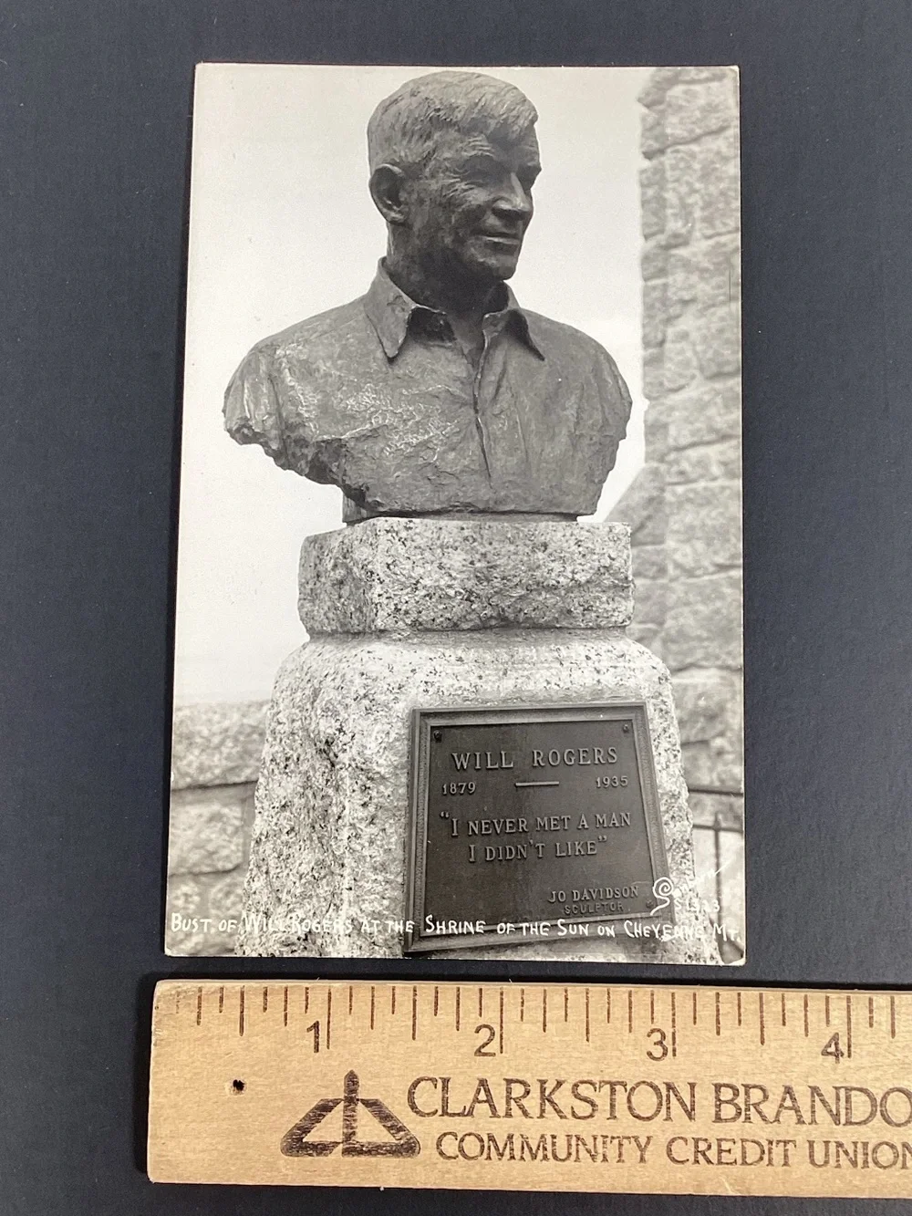 RPPC Will Rogers Bust at Shrine Of Sun Cheyenne Mountain CO, Photo Postcard